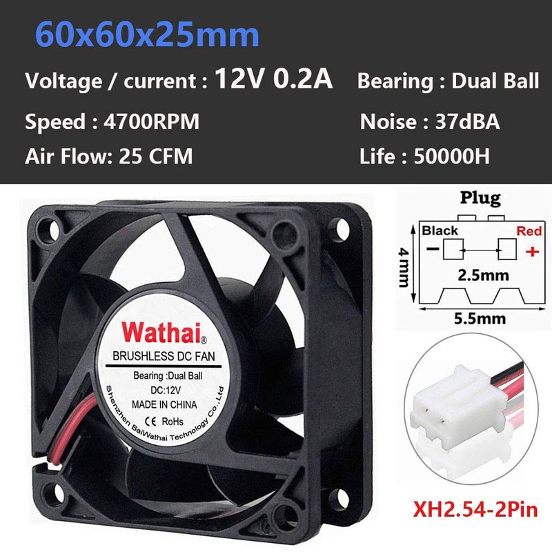 Wathai 60mm x 60mm x 25mm 12V 2P Dual Ball DC Case Fan Brushless Cooling Fan - Image 2